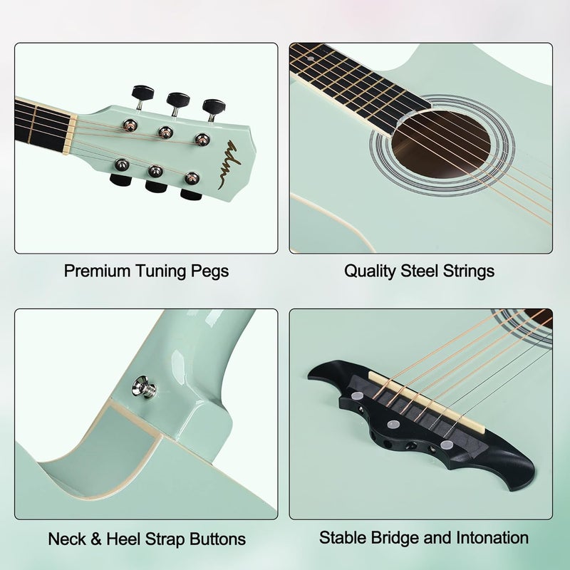 ADM 38" Inch Acoustic Guitar Bundle for Beginners Adults with Online Lesson, Cutaway Wood Acustica Guitarra Starter Set Package with Gig Bag, Strap, Steel Strings, Picks, Capos, Stand, Green - Image 5